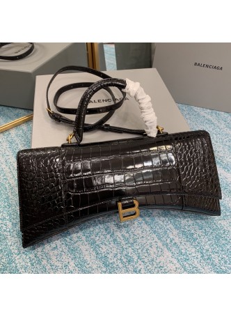 Cheap Balenciaga Hourglass Croc-Embossed Leather Top Handle Bag Plain black
